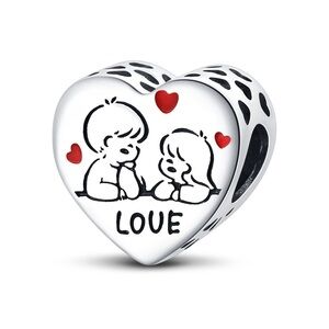 Silver Heart 'Love' Charm Bracelet Bead with Red Accents